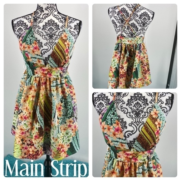 Main Strip Dresses & Skirts - main strip Hawaiian floral cross back deep plunge V-neck dress cross back dress